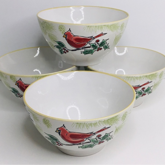 Set of 4 Eli + Ana Red Cardinal Bird Traditional Christmas Cereal Bowls Ceramic - Picture 2 of 6
